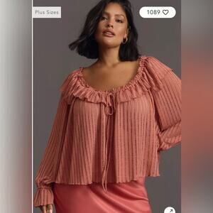 BY ANTHROPOLOGIE Long-Sleeve Sheer Striped Cropped & Flowy Blouse, Rose, Sz.XL